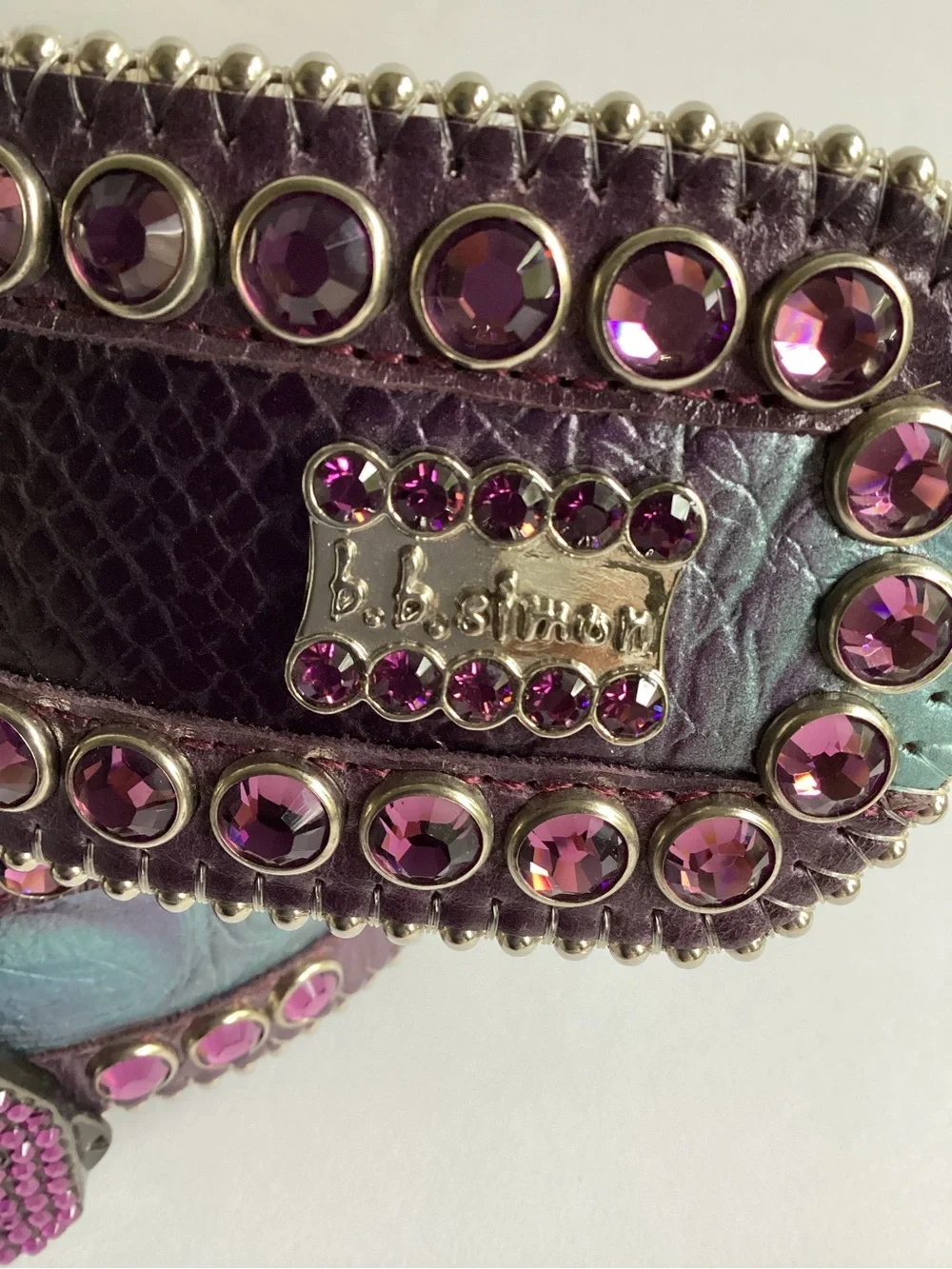 B.B.Simon Crystal Rhinestone Leather Belt Pink Purple Y2K Western Bling Glam